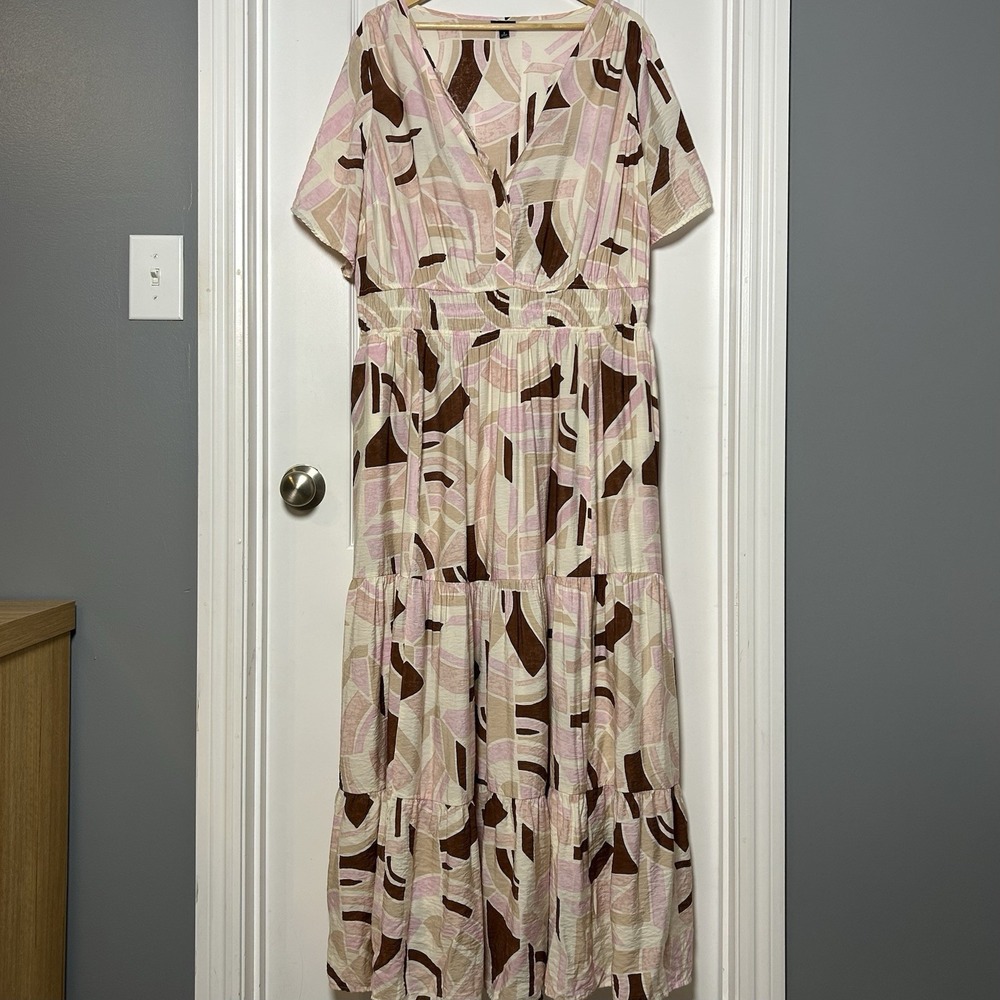 Torrid Pink Cream Brown Geo Story Multi Y-Neck Short Sleeve Tiered Maxi Dress